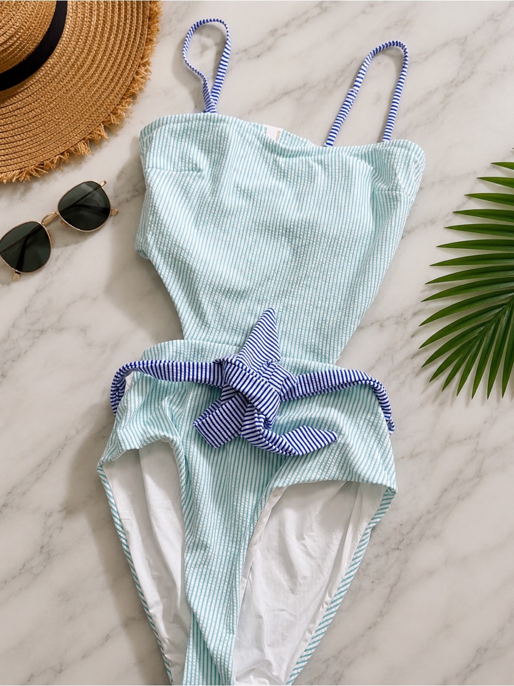 ONIA Seersucker Belted One Piece Swimsuit Blue White Stripe Women's Medium M